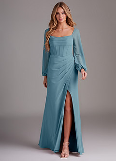 Azazie Charissa Bridesmaid Dresses Moody Blue Sheath Long Sleeve Chiffon Dress image3
