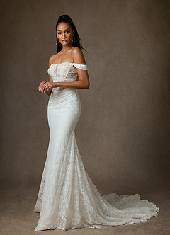 Azazie Idalis Wedding Dresses Diamond White Nude Mermaid Lace Dress image3