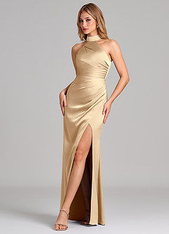 Azazie Karlotta Bridesmaid Dresses Champagne Sheath Pleated Stretch Satin Dress image4