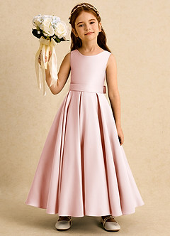 Azazie Mapel Flower Girl Dresses Blushing Pink Ball-Gown Pleated Matte Satin Dress image4