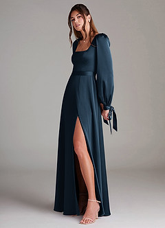 Azazie Leonia Bridesmaid Dresses Dark Navy A-Line Long Sleeve Stretch Satin Dress image5