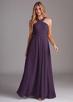 Azazie Dixie Bridesmaid Dresses Plum A-Line Halter Pleated Chiffon Dress image3