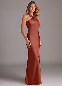 Azazie Doretta Robes de demoiselle d'honneur Robe Sirène en Satin extensible Plissée Terracotta image3