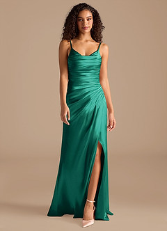 Azazie Deandra Bridesmaid Dresses Emerald Mermaid Pleated Metallic Satin Dress image4