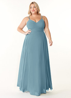 Azazie Janine Brautjungfernkleider A-Linie V-Hals Chiffon Kleid Stimmungsvolles Blau image6
