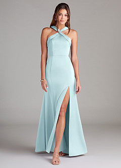 Azazie Rue Bridesmaid Dresses Cloud Blue Mermaid Pleated Stretch Satin Dress image3