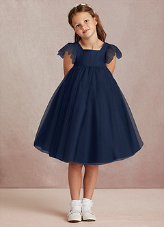 Azazie Kalio Robe Demoiselle D'honneur Fillette Robe Trapèze en Tulle avec manches Bleu Marine Foncé image2
