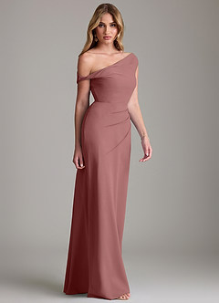 Azazie Emerson Bridesmaid Dresses Desert Rose Sheath Off the Shoulder Chiffon Dress image5