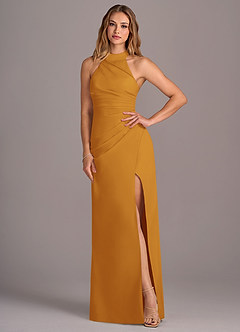 Azazie Jemma Bridesmaid Dresses Butterscotch Sheath Pleated Chiffon Dress image4