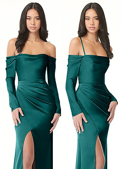 Azazie Hallie Bridesmaid Dresses Peacock Sheath Off-The-Shoulder Long Sleeve Stretch Satin Convertible Dress image8