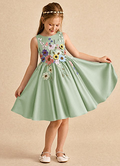 Azazie Prima Blumenmädchenkleider A-Linie Schleifen Matte Satin Kleid Staubiger Salbeigrün image3