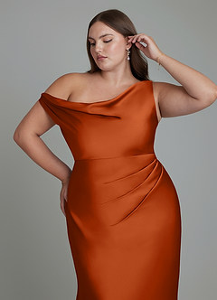 Azazie Emerson Bridesmaid Dresses Burnt Orange Mermaid Off the Shoulder Stretch Satin Dress image12