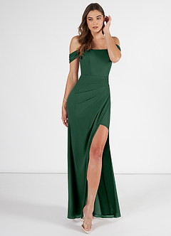 Azazie Kit Bridesmaid Dresses Dark Green Mermaid Off the Shoulder Mesh Dress image1