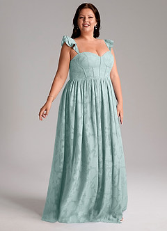 Azazie Denisse Vestidos de damas de honor Vestido de Neblina de Devorado Floral de Corte en A con Volante image10