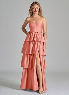 Azazie Faye Bridesmaid Dresses Coral A-Line Ruched Stretch Satin Dress image3
