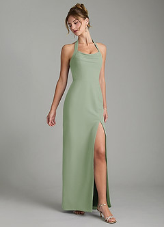 Azazie Arnelle At-home Try On Dresses Dusty Sage Sheath Pleated Chiffon Dress image3
