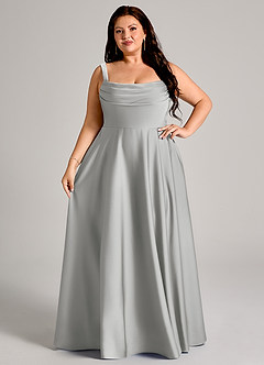 Azazie Shaude Bridesmaid Dresses Silver A-Line Pleated Stretch Satin Dress image12