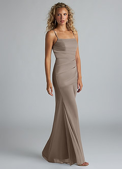 Azazie Teyana Final Sale Taupe Sheath Square Neckline Pleated Mesh Dress image3