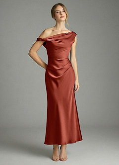 Azazie Emerson Bridesmaid Dresses Terracotta Mermaid Off the Shoulder Stretch Satin Dress image1
