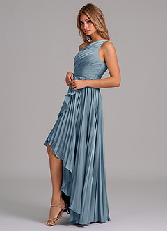 Azazie Lyrica 신부 들러리 드레스 A라인 한쪽 어깨 스트레치 새틴 비대칭 드레스 image5