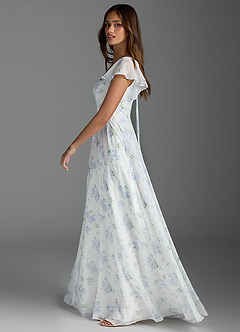 Azazie Bondi Bridesmaid Dresses Blue Vintage Floral A-Line Ruffled Chiffon Dress image4