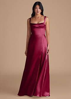 Azazie Hope Bridesmaid Dresses Burgundy A-Line with Pockets Metallic Satin Dress image2