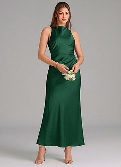 Azazie Evadne Vestidos de damas de honor Vestido de Verde Oscuro de Satén Elástico de Corte Recto con Plisado image3