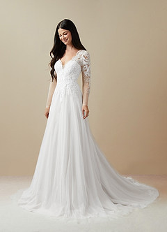 Azazie Essy Wedding Dresses Diamond White A-Line V-Neck Sequins Tulle Dress image3