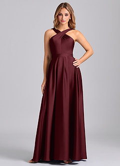 Azazie Dixie 신부 들러리 드레스 A라인 주름진 스트레치 새틴 바닥 길이 드레스 image1