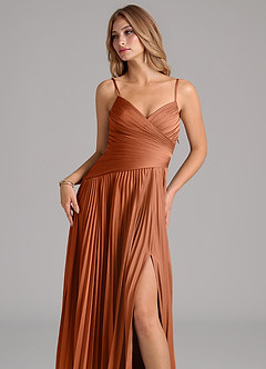Azazie Vini Robes de demoiselle d'honneur Robe Trapèze en Satin extensible Plissée Cuivre image2