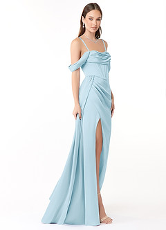 Azazie Amyra Bridesmaid Dresses Sky Blue Sheath Off the Shoulder Stretch Satin Convertible Dress image7