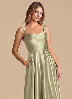 Azazie Shaude Bridesmaid Dresses Moss Green A-Line Pleated Metallic Satin Dress image2