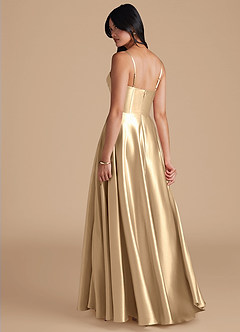 Azazie Elle Bridesmaid Dresses Champagne A-Line with Pockets Metallic Satin Dress image2