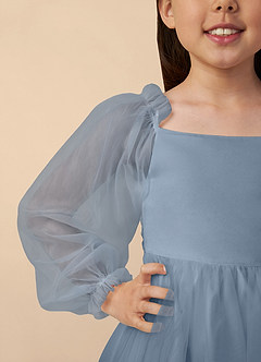 Azazie Aya Flower Girl Dresses Dusty Blue A-Line with Sleeves Tulle Dress image3