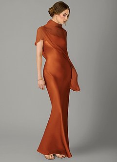Azazie Jaleesa Bridesmaid Dresses Cinnamon A-Line High Neck Stretch Satin Dress image3