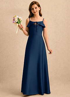 Azazie Kapri Girls Formal Robe Demoiselle D'honneur Fillette Robe Trapèze en Satin extensible Rayé Bleu Marine Foncé image1