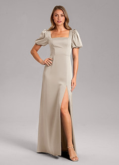 Azazie Fyona Robes de demoiselle d'honneur Robe Trapèze en Satin extensible Plissée Givre image1