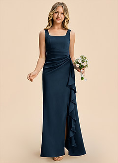 Azazie Adrienne Junior Dark Navy Sheath Pleated Stretch Satin Dress image4