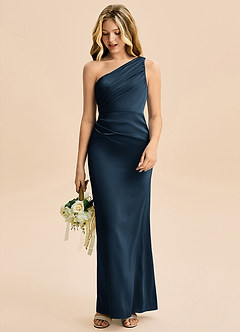 Azazie Akilah Junior Dark Navy Sheath Pleated Stretch Satin Dress image3