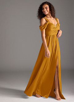 Azazie Lianne Bridesmaid Dresses Butterscotch A-Line Off the Shoulder Stretch Satin Dress image6