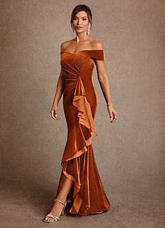 Azazie Billings vestidos de madre de la novia Vestido de Naranja Quemada de terciopelo de Corte Sirena con Vestidos sin tirantes image2