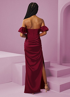 Barbie ♥ Azazie Vestidos de damas de honor Vestido de Borgoña de Satén Elástico de Corte Recto Convertible con Vestidos sin tirantes image9