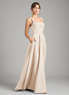 Azazie Shaude Vestidos de damas de honor Vestido de Alabastro Blanco de Satén Elástico de Corte en A con Plisado image6