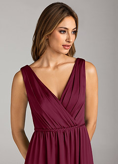 Azazie Tanicia Bridesmaid Dresses Mulberry A-Line Pleated Stretch Satin Dress image6