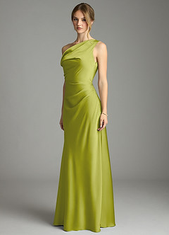 Azazie Emerson Bridesmaid Dresses Lemongrass Mermaid Off the Shoulder Stretch Satin Dress image2
