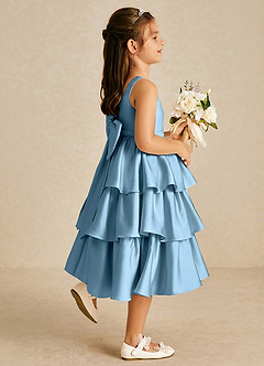 Azazie Margery vestidos de niña de las flores Vestido de Azul Acero de Satén Elástico de Corte En A con Lazo image5