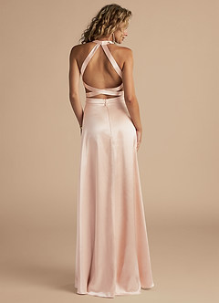 Azazie Clarice Bridesmaid Dresses Rose Gold A-Line High Neck Metallic Satin Dress image2
