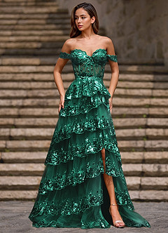 Glitz Verde Vestido de fiesta de corte A con volantes image5