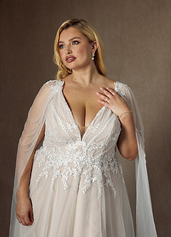 Azazie Goddess Vestidos de novia Vestido de Blanco Diamante Arena de Tul de Corte en A con Lentejuelas cuello pico image12