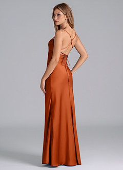 Azazie Seema Vestidos de madrinha de casamento Vestido Laranja Queimada de Cetim elástico de sereia com Espartilho image6